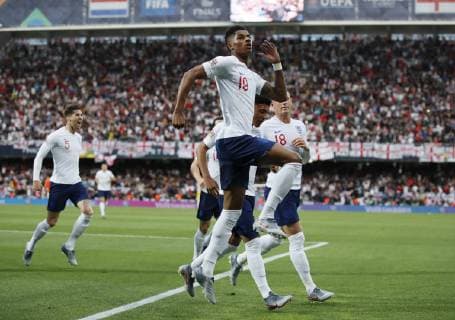 Marcus Rashford of England celebrates scoring the first goal during the UEFA Nations League match at D. Afonso Henriques Stadium, Guimaraes. Picture date: 6th June 2019. Picture credit should read: David Klein Sportimage EDITORIAL USE ONLY. No use with unauthorised audio, video, data, fixture lists, club league logos or live services. Online in-match use limited to 120 images, no video emulation. No use in betting, games or single club league player publications. SPI-0093-0055