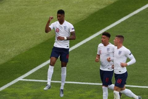 June 6, 2019 - Guimaraes, Portugal - GUIMARAES, PORTUGAL - JUNE 6: Marcus Rashford of England (L) celebrates after scoring a goal during the UEFA Nations League Semi-Final football match Netherlands vs England, at the Dom Afonso Henriques stadium in Guimaraes, Portugal, on June 6, 2019. Netherlands vs England - UEFA Nations League Semi-Final - ZUMAf123 20190606_zap_f123_003 Copyright: xPedroxFiuzax