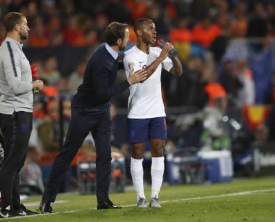 Raheem Sterling of England receives instructions from Gareth Southgate manager of Englandduring the UEFA Nations League match at D. Afonso Henriques Stadium, Guimaraes. Picture date: 6th June 2019. Picture credit should read: David Klein Sportimage EDITORIAL USE ONLY. No use with unauthorised audio, video, data, fixture lists, club league logos or live services. Online in-match use limited to 120 images, no video emulation. No use in betting, games or single club league player publications. SPI-0093-0092