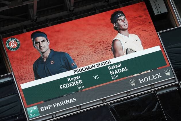 TENNIS - ATP, Tennis Herren French Open 2019 PARIS,FRANCE,07.JUN.19 - TENNIS - ATP World Tour, French Open, Roland Garros, Grand Slam. Image shows an LED screen showing photos of Roger Federer (SUI) and Rafael Nadal (ESP). GEPAxpictures xMatthiasxHauer
