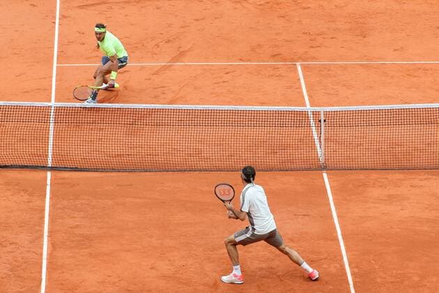 Rafael Nadal of Spain and Roger Federer of Switzerland during the men s singles semi-final match of the French Open tennis tournament at the Roland Garros in Paris, France on June 7, 2019.  (105335691)