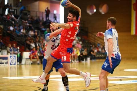 Juan de la Pena Morales Balingen in duel with Lars Spiess Grosswallstadt TV Grosswallstadt vs HBW Balingen Weilstetten, Handball, 2 Bundesliga, 08 06 2019 TV Grosswallstadt vs HBW Balingen Weilstetten, Handball, 2 Bundesliga, 08 06 2019 Elsenfeld Copyright: xWeissx Eibner-Pressefotox EP_rws