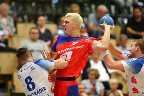 Rene Zobel Balingen in a duel with Florian Eisentraeger Grosswallstadt TV Grosswallstadt vs HBW Balingen Weilstetten, Handball, 2 Bundesliga, 08 06 2019 TV Grosswallstadt vs HBW Balingen Weilstetten, Handball, 2 Bundesliga, 08 06 2019 Elsenfeld Copyright: xWeissx Eibner-Pressefotox EP_rws