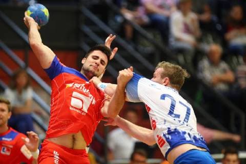 Juan de la Pena Morales Balingen in a duel with Mario Stark Grosswallstadt TV Grosswallstadt vs HBW Balingen Weilstetten, Handball, 2 Bundesliga, 08 06 2019 TV Grosswallstadt vs HBW Balingen Weilstetten, Handball, 2 Bundesliga, 08 06 2019 Elsenfeld Copyright: xWeissx Eibner-Pressefotox EP_rws