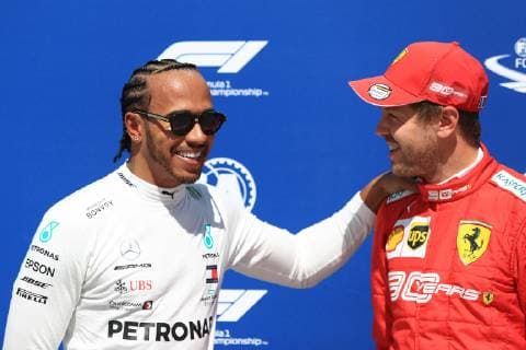 8th June 2019, Circuit Gilles Villeneuve, Montreal, Quebec, Canada; Formula 1 Grand Prix of Canada, qualifying sessions; Scuderia Ferrari, Sebastian Vettel takes pole for tomorrows race and chats to 2bnd placed Mercedes AMG Petronas Motorsport, Lewis Hamilton  ActionPlus12142245 Octane