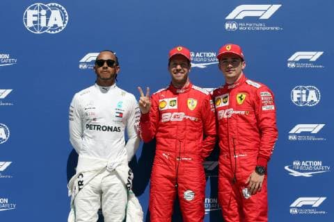 Photo4 LaPresse 07 06 2019 Montreal, Canada Grand Prix Formula One Canada 2019 In the pic pole position 1st position Sebastian Vettel (GER) Scuderia Ferrari SF90 2nd position Lewis Hamilton (GBR) Mercedes AMG F1 W10 3rd position Charles Leclerc (MON) Scuderia Ferrari SF90  Copyright: xPhoto4 LaPressex