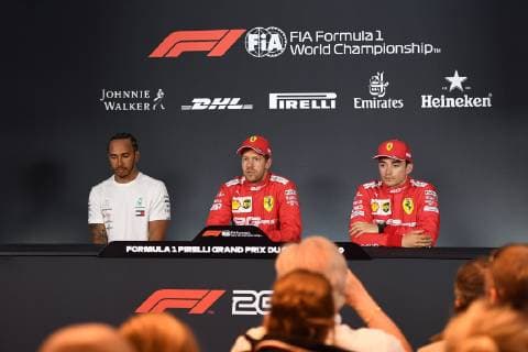 Photo4 LaPresse 07 06 2019 Montreal, Canada Grand Prix Formula One Canada 2019 In the picPress conference pole position 1st position Sebastian Vettel (GER) Scuderia Ferrari SF90 2nd position Lewis Hamilton (GBR) Mercedes AMG F1 W10 3rd position Charles Leclerc (MON) Scuderia Ferrari SF90  Copyright: xPhoto4 LaPressex