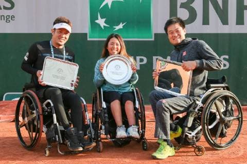 (L-R) Koji Sugeno, Yui Kamiji and Shingo Kunieda of Japan pose with the trophies during the trophy ceremony of the French Open wheelchair and quad wheelchair tennis tournament at the Roland Garros in Paris, France on June 8, 2019.  (105399088)