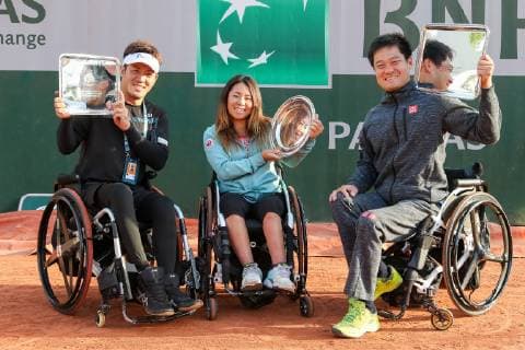 (L-R) Koji Sugeno, Yui Kamiji and Shingo Kunieda of Japan pose with the trophies during the trophy ceremony of the French Open wheelchair and quad wheelchair tennis tournament at the Roland Garros in Paris, France on June 8, 2019.  (105399099)