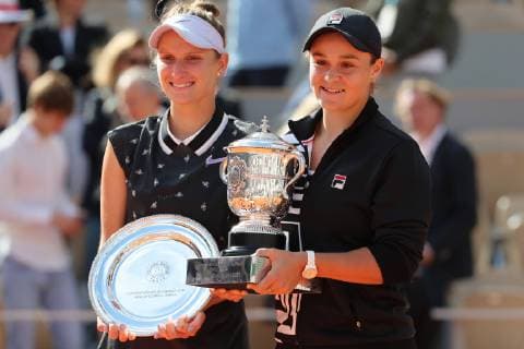June 8, 2019: Paris, France: Eighth seeded ASHLEIGH BARTY of Australia and MARKETA VONDROUSOVA of the Czech Republic hold their trophy at the end of their final match at Roland Garros French Tennis Open in Paris. Barty won the Open 6-1, 6-3. Tennis 2019: French Open: Ladies Singles Final  - ZUMA 20190608_mda_v111_002 Copyright: xJudithxWhitex
