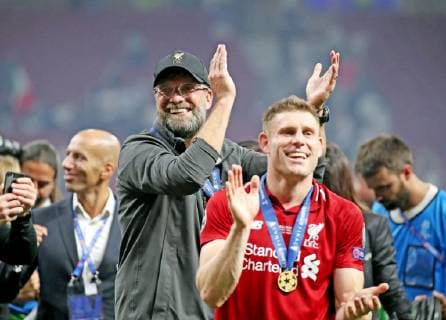 UEFA Champions League Final 2019 Tottenham Hotspurs FC Liverpool Spain, Madrid, 01 06 2019, Football, UEFA Champions League, Season 2018 2019, Final in Madrid, Tottenham Hotspurs FC Liverpool 0 2 Jürgen Klopp Coach FC Liverpool celebrates the win of CL, re James Milner FC Liverpool , DFL DFB REGULATIONS PROHIBIT ANY USE OF PHOTOGRAPHS AS IMAGE SEQUENCES AND OR QUASI VIDEO