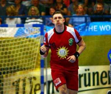 In jubilant position Lukasz Gierak Lübbecke Handball 2 League 2018 19 EHV Aue TuS Nettelstedt Lübbecke 28 27 at 8 6 2019 EHV Aue TuS Nettelstedt Lübbecke