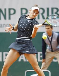 Tennis: French Open Marketa Vondrousova of the Czech Republic plays a shot against Ashleigh Barty of Australia in the women s singles final match at the French Open in Paris on June 8, 2019. Barty won 6-1, 6-3. 