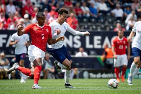 Guimaraes, Portugal, 09 06 2019, UEFA Nations League, Match for 3rd place, Switzerland England, Manuel Akanji CHE and Dele Alli ENG in the total Defodi 01053043021 Defodi-053 DF???L REGULATIONS PROHIBIT ANY USE OF PHOTOGRAPHS AS IMAGE SEQUENCES AND OR QUASI-VIDEO.