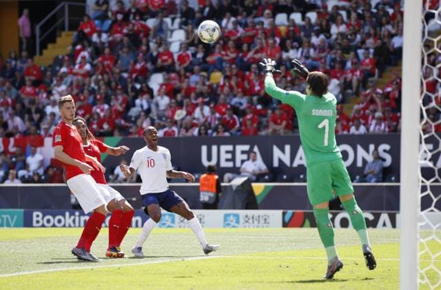 Raheem Sterling of England lifts a shot into the arms of Yann Sommer of Switzerland during the UEFA Nations League match at D. Afonso Henriques Stadium, Guimaraes. Picture date: 9th June 2019. Picture credit should read: David Klein Sportimage EDITORIAL USE ONLY. No use with unauthorised audio, video, data, fixture lists, club league logos or live services. Online in-match use limited to 120 images, no video emulation. No use in betting, games or single club league player publications. SPI-0095-0070