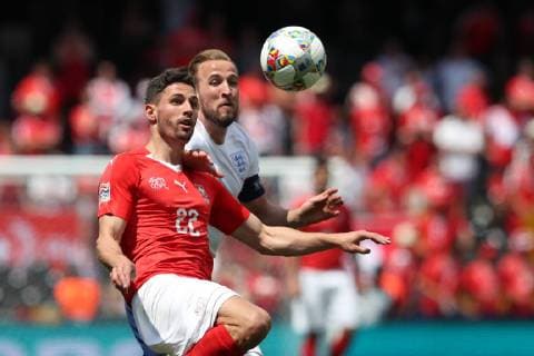June 9, 2019 - Guimaraes, Portugal - Switzerland s defender Fabian Schar (L ) vies with Harry Kane of England (R ) during the UEFA Nations League Third-place football match between Switzerland and England, at the Dom Afonso Henriques stadium in Guimaraes, Portugal, on June 9, 2019. Switzerland vs England - UEFA Nations League Third-place match - ZUMAf123 20190609_zap_f123_006 Copyright: xPedroxFiuzax