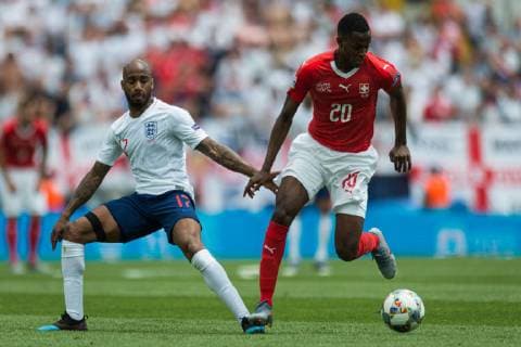Guimaraes, Portugal, 09 06 2019, UEFA Nations League, 3 Place, Switzerland England, Fabian Delph England and Edimilson Fernandes Switzerland battle for the ball Defodi 09 531 002181 Defodi-531