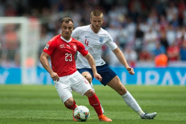 Guimaraes, Portugal, 09 06 2019, UEFA Nations League, 3rd place, Switzerland England, Xherdan Shaqiri Switzerland and Eric Dier England battle for the ball Defodi 09 531 002183 Defodi-531