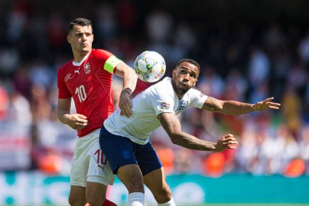 Guimaraes, Portugal, 09 06 2019, UEFA Nations League, 3 Place, Switzerland England, Granite Xhaka Switzerland and Callum Wilson England battle for the ball Defodi 09 531 002238 Defodi-531