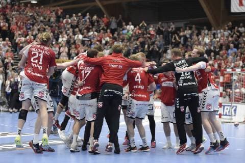 Cheers after the match Aalborg Handball is a Danish champion in mens handball after a sure victory of 38 32 over GOG the third final match for the Danish championship in handball in Jutlander Bank Arena Aalborg, Sunday 9 June 2019, Denmark,  Copyright: HenningxBaggerx cop101 spdk20190609-174025-L