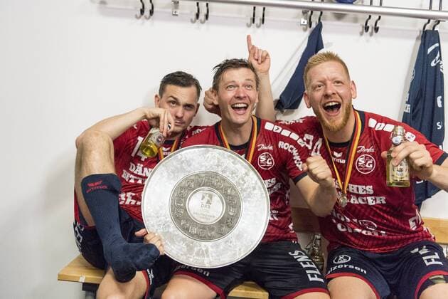 Hampus Wanne SG Flensburg Handewitt , Lasse Svan SG Flensburg Handewitt and Jim Gottfridsson SG Flensburg Handewitt celebrate in the cabin with the championship on 09 06 2019 in Düsseldorf Nordrhein Westfalen in the ISS Dome SG Flensburg Handewitt against Bergischer HC 06 Düsseldorf Nordrhein Westfalen Germany Copyright: xMartinxZiemerx xnordpoolx