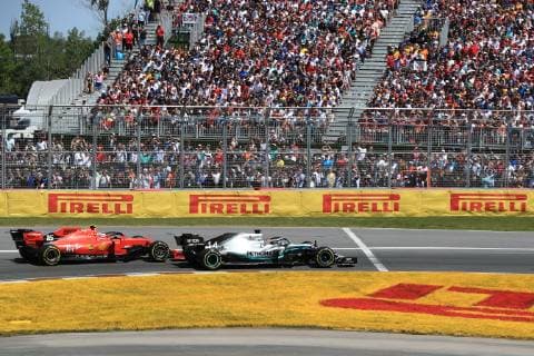 9th June 2019, Circuit Gilles Villeneuve, Montreal, Quebec, Canada; Formula 1 Grand Prix of Canada, Race day; Mercedes AMG Petronas Motorsport, Lewis Hamilton cements 2nd place over the charging Scuderia Ferrari, Charles Leclerc  ActionPlus12142826 Octane