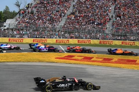 9th June 2019, Circuit Gilles Villeneuve, Montreal, Quebec, Canada; Formula 1 Grand Prix of Canada, Race day; Rich Energy Haas F1 Team, Romain Grosjean with a piece of the Scuderia Toro Rosso wing stuck on the car after a bump in corner 1  ActionPlus12142828 Octane