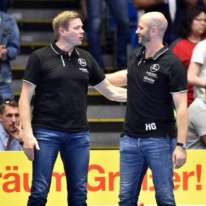 Axel Geerken Management, Managing Director Sport MT Melsungen L and Heiko Grimm Coach MT Melsungen are delighted , GER, MT Melsungen TBV Lemgo Lippe, Handball, 1 Bundesliga Maenner, 09 06 2019, GER, MT Melsungen TBV Lemgo, Handball, 1 Liga Maenner, 09 06 2019 Kassel Copyright: xEIBNER RolandxSippelx EP_RSL
