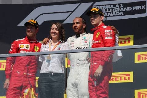 Photo4 LaPresse 09 06 2019 Montreal, Canada Grand Prix Formula One Canada 2019 In the pic: podium: 1st position Lewis Hamilton (GBR) Mercedes AMG F1 W10 2nd position Sebastian Vettel (GER) Scuderia Ferrari SF90 3rd position Charles Leclerc (MON) Scuderia Ferrari SF90  Copyright: xPhoto4 LaPressex