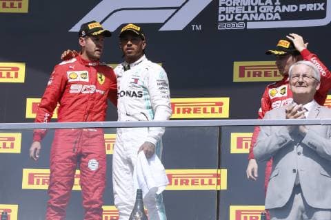 HAMILTON Lewis F1 Team Mercedes AMG winner in Montreal at the award ceremony with VETTEL Sebastian and LECLERC Charles Formula 1 GP 2019 Canada on 09 06 2019 in Montreal