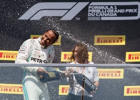 June 9, 2019 - Quebec, Canada - Race winner LEWIS HAMILTON of Great Britain and Mercedes GP gets a champagne shower on podium during the F1 Grand Prix of Canada at Circuit Gilles Villeneuve on June 9, 2019 in Montreal, Canada. F1 2019: Canadian Grand Prix - ZUMAc132 20190609_zap_c132_007 Copyright: xAndrewxChinx