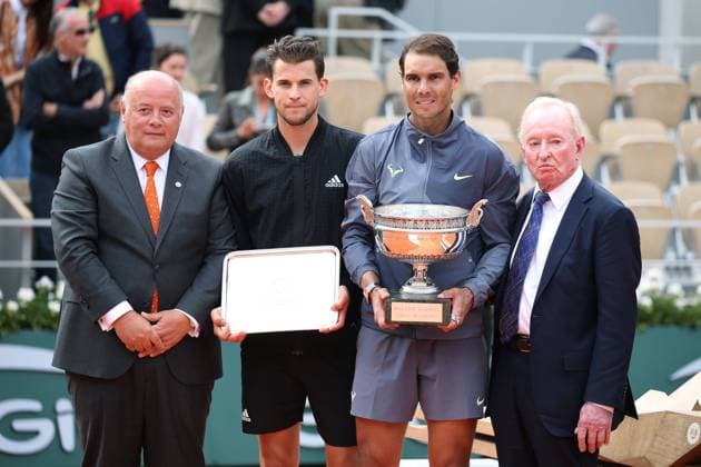 Dominic Thiem, AUT, and Rafael Nadal, ESP, and Rod Laver after final of 2019 French Open at Roland Garros, Paris, 09 06 2019