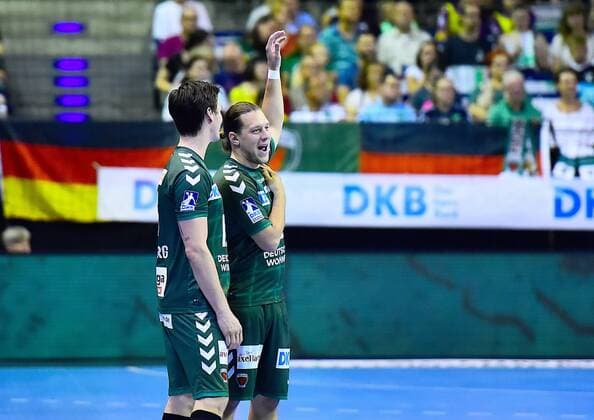 DKB HBL,Fuechse Berlin vs HSG Wetzlar,09 06 2019 HBL, Fuechse Berlin vs HSG Wetzlar,v l in conversation Hans Lindberg Fuechse Berlin 18 ,Mattias Zachrisson Fuechse Berlin 21 in the Max Schmeling Halle Berlin,09 06 2019