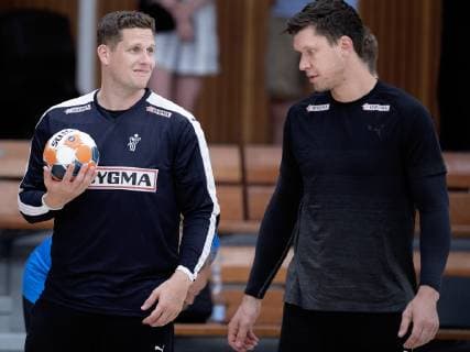 Kevin Moeller and Niklas Landin during the handball team of the mens team in Bavnehoej Hallen prior to the European Championship qualification, Monday 10 June 2019, Copenhagen Denmark,  Copyright: fotograf@clausbech.dk ClausxBechx COP106 spdk20190610-180812-L