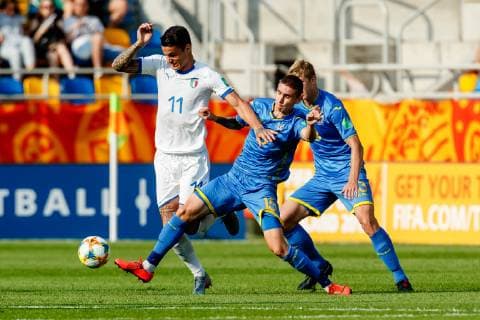 Gdynia, Poland, 11 06 2019, FIFA U 20 World Cup Poland 2019, semi-final, Ukraine Italy, Gianluca Scamacca ITA and Kyrylo Dryshliuk UKR in the total Defodi 01048 180934 Defodi-048