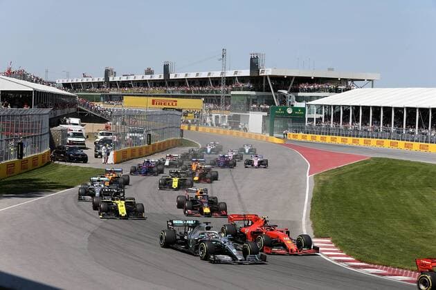 Montreal, Canada, 09 06 2019, Formula 1, Formula 1, Canada Grand Prix, Race Start Sebastian Vettel GER 5, Scuderia Ferrari Mission Winnow, Lewis Hamilton GB 44, Mercedes AMG Petronas Motorsport, Charles Leclerc MCO 16, Max Verstappen NEL 33, Aston Martin Red Bull Racing, Daniel Ricciardo AUS 3, Renault F1 Team Defodi 09 506 033360 Defodi-506