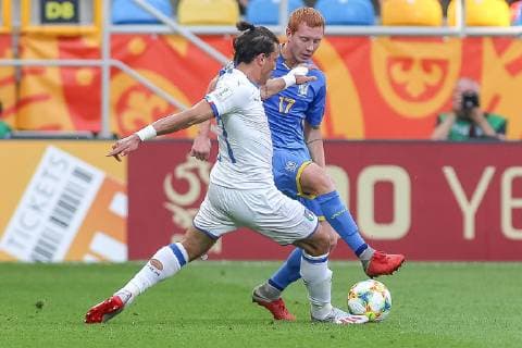 June 11, 2019 - Gdynia, pomorskie, Poland - Luca Pellegrini of Italy and Yukhym Konoplia of Ukraine are seen in action during the FIFA U-20 World Cup match between Ukraine and Italy (semi-finals) in Gdynia. Ukraine Vs Italy in Gdynia, Poland - 11 Jun 2019 - ZUMAs197 20190611_zaa_s197_046 Copyright: xTomaszxZasinskix