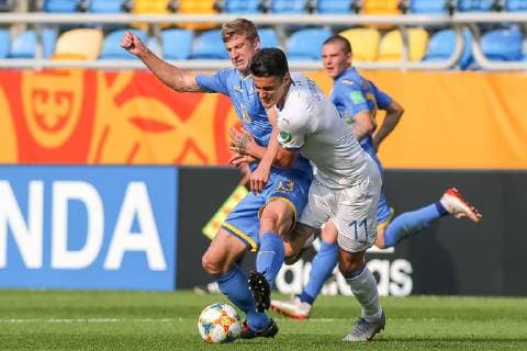 June 11, 2019 - Gdynia, pomorskie, Poland - Danylo Beskorovainyi of Ukraine and Gianluca Scamacca of Italy are seen in action during the FIFA U-20 World Cup match between Ukraine and Italy (semi-finals) in Gdynia. Ukraine Vs Italy in Gdynia, Poland - 11 Jun 2019 - ZUMAs197 20190611_zaa_s197_053 Copyright: xTomaszxZasinskix