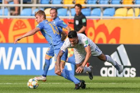 June 11, 2019 - Gdynia, pomorskie, Poland - Danylo Beskorovainyi of Ukraine and Gianluca Scamacca of Italy are seen in action during the FIFA U-20 World Cup match between Ukraine and Italy (semi-finals) in Gdynia. Ukraine Vs Italy in Gdynia, Poland - 11 Jun 2019 - ZUMAs197 20190611_zaa_s197_045 Copyright: xTomaszxZasinskix