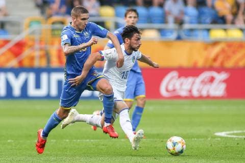 June 11, 2019 - Gdynia, pomorskie, Poland - Kyrylo Dryshliuk of Ukraine and Roberto Alberico of Italy are seen in action during the FIFA U-20 World Cup match between Ukraine and Italy (semi-finals) in Gdynia. Ukraine Vs Italy in Gdynia, Poland - 11 Jun 2019 - ZUMAs197 20190611_zaa_s197_069 Copyright: xTomaszxZasinskix