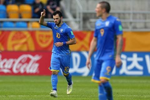 (190612) -- GDYNIA, June 12, 2019 -- Serhii Buletsa (L) of Ukraine celebrates during the FIFA U20 World Cup semifinal match between Ukraine and Italy in Gdynia, Poland, June 11, 2019. Ukraine won 1-0 to enter the final. ) (SP)POLAND-GDYNIA-SOCCER-FIFA U20 WORLD CUP-SEMIFINAL PiotrxMatusewicz 