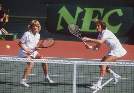 Steffi GRAF turns 50 years old on 14 June 2019, 01SN FedCup1987SP jpg Tennis Federations Cup 1987 in Vancouver Steffi GRAF left and Claudia KOHDE KILSCH, ladies doubles Germany, action, 15 08 1987 Â