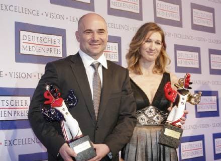 Steffi GRAF will be 50 years old on 14 June 2019, Steffi GRAF and husband Andre AGASSI, present the trophies, German Media Award 2007 German Media Award 2007 in Baden Baden, 24 02 2008 a