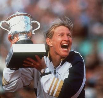 Steffi GRAF will be 50 years old on 14 June 2019, SN70Graf jpg Tennis,Steffi GRAF,with cup,at her victory at the French Open 1999,award ceremony,laughing,Â