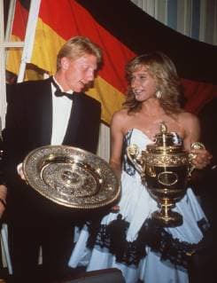 Steffi GRAF will be 50 years old on 14 June 2019, SN GrafWimbledonSP jpg Tennis Steffi GRAF, Germany, holds up winning bowl, after her first Wimbledon victory, looks towards camera, half figure, portrait format SN GrafBeckerSP jpg Tennis Steffi GRAF, Germany and Boris BECKER, Germany at the Champions Dinner in Wimbledon both hold the winning trophy of the other in their hands see themselves at half figure, portrait format Â