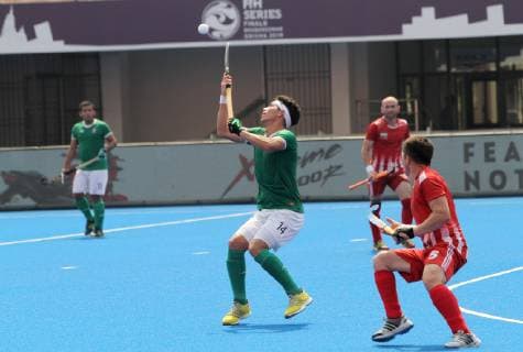 June 12, 2019 - Bhubaneswar, India - PALMA Alexander of Mexico (Green) and AKHMADKHODJAEV Khotamjon ( 5) of Uzbekistan (Red) in the action on Hockey World Series Finals 2019 7th and 8th match position match betwee Mexico and Uzbekistan at the Kalinga stadium in the eastern Indian state Odisha s capital city Bhubaneswar on 12 June 2019. Mexico won the match on 4-3 score against Uzbekistan and Uzbekistan listed in the 8th position in the tournament. Uzbekistan v Mexico - Hockey World Series Finals  - ZUMAn230 20190612_zaa_n230_031 Copyright: xStrx