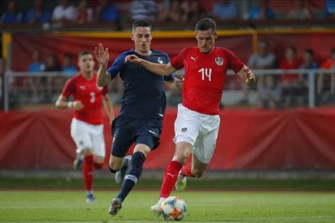 11 06 2019, Profertil Arena, Hartberg, AUT, Test match, U21, Austria vs. France, in picture Anthony Caci FRA and Husein Balic AUT Anthony Caci FRA and Husein Balic AUT during the International U21 Friendly Football Match between Austria and France at the Profertil Arena in Hartberg, Austria on 2019 06 11 Hartberg  EX_IES