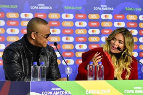 Sport Bilder des Tages Media Briefing Copa América SÃO PAULO, SP - 12.06.2019: MEDIA BRIEFING COPA AMÉRICA - The local organizing committee and CONMEBOL held Media Briefing on Copa América at the Morumbi Stadium, venue of the 2019 Copa América in Sao Paulo, on Wednesday (12). In the photo Léo Santana and Karol G. (Photo: Roberto Casimiro Fotoarena) x1746108x  RobertoxCasimiro