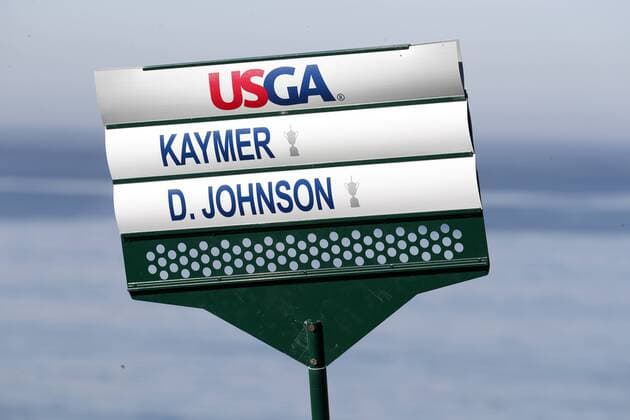 PEBBLE BEACH, CA - JUNE 11: A detailed close up sign for PGA, Golf Herren golfers Martin Kaymer and Dustin Johnson during a practice round for the 2019 US Open on June 11, 2019, at Pebble Beach Golf Links in Pebble Beach, CA. (Photo by Brian Spurlock Icon Sportswire) GOLF: JUN 11 PGA - US Open Practice Round Icon190611028