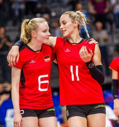 Germany Belgium Jennifer Geerties GER 6 Louisa Lippmann GER 11 Joy and relief during the game in the Volleyball Nations League, Germany Belgium Stuttgart 12 06 19 Volleyball , Baden Wuerttemberg Germany
